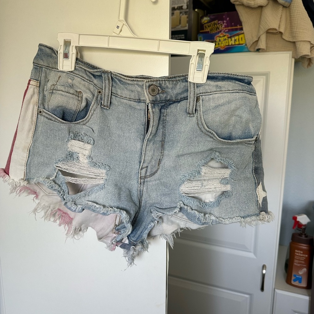 Light Blue Distressed American Flag Jean Short